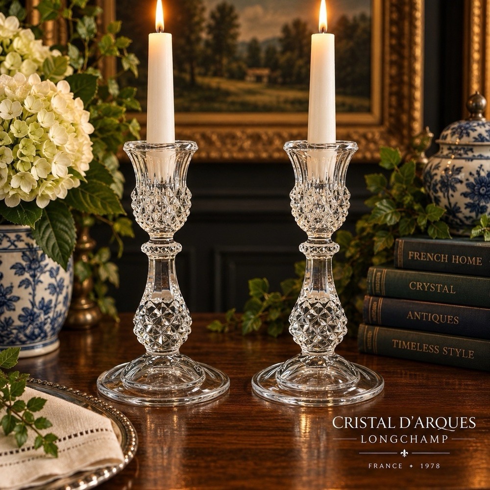 Vintage Cristal D'Arques Longchamp 24% Lead Crystal Candlesticks 6.5" Set Of 2